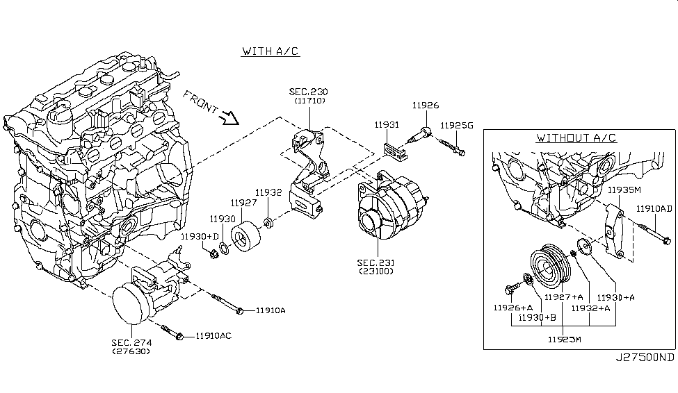 2009 Nissan Versa Sedan Compressor Mounting & Fitting Bolt Diagram for 11948-1HC0A