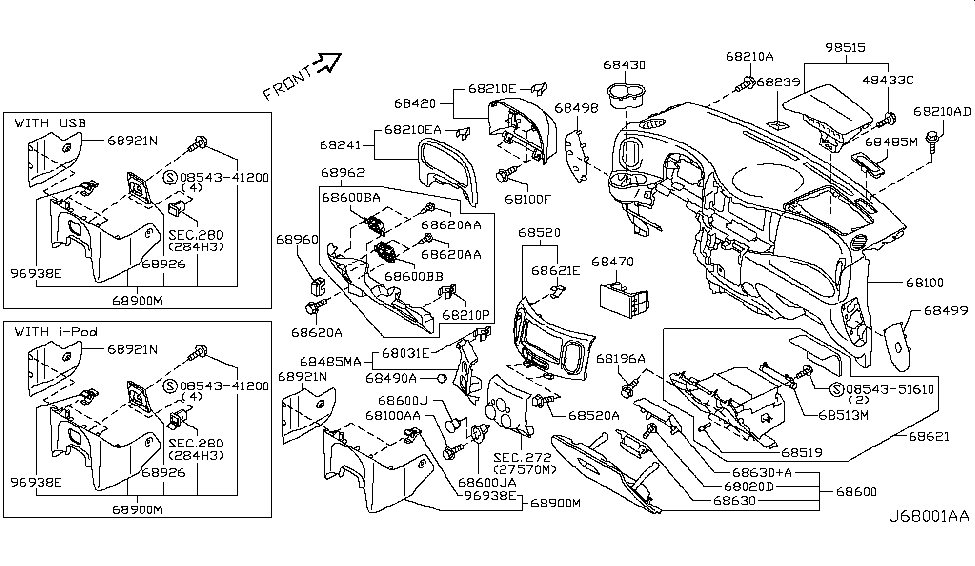 2009 Nissan Cube Instrument Panel,Pad & Cluster Lid Panel - Instrument Diagram for 68100-1FC0A