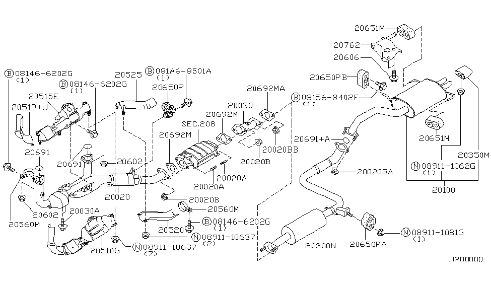2001 Nissan Maxima Exhaust Tube & Muffler Exhaust Tube Assembly, Center Diagram for 20031-0L710