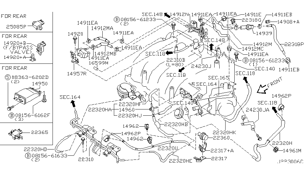 2002 Nissan Maxima Engine Control Vacuum Piping Hose-Vacuum Control, B Diagram for 22320-8J101