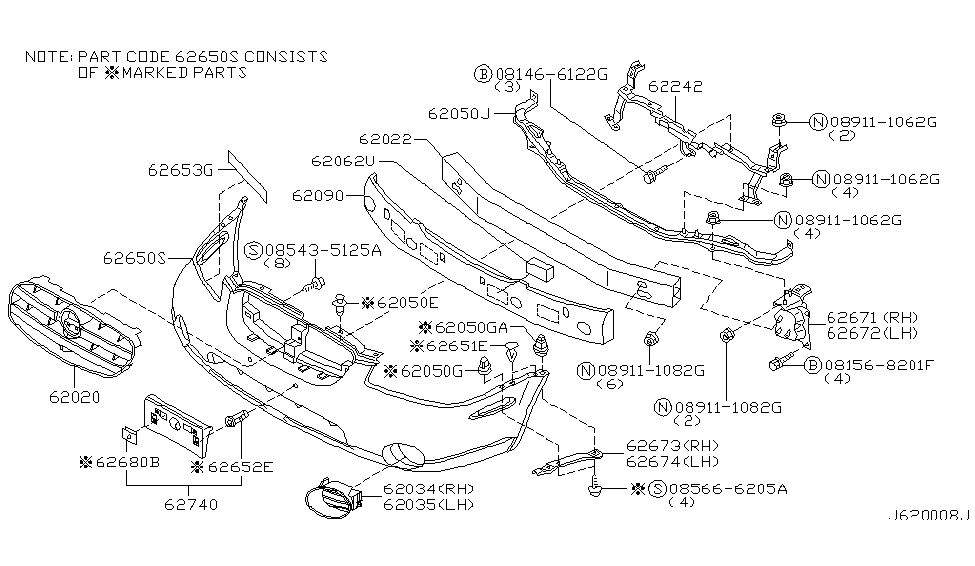 2002 Nissan Maxima Front Bumper Stay-Front Bumper, RH Diagram for 62210-2Y900