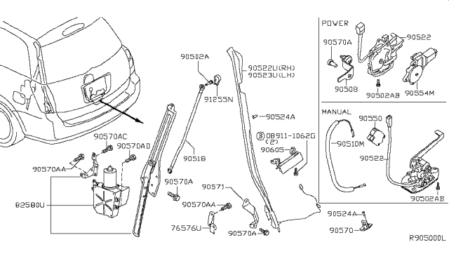 2005 Nissan Quest  Cable Assy-Back Door Opener Diagram for 905195Z200