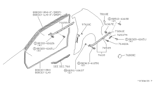 1988 Nissan Stanza WEATHERSTRIP Body LH Blue Diagram for 8383129R03