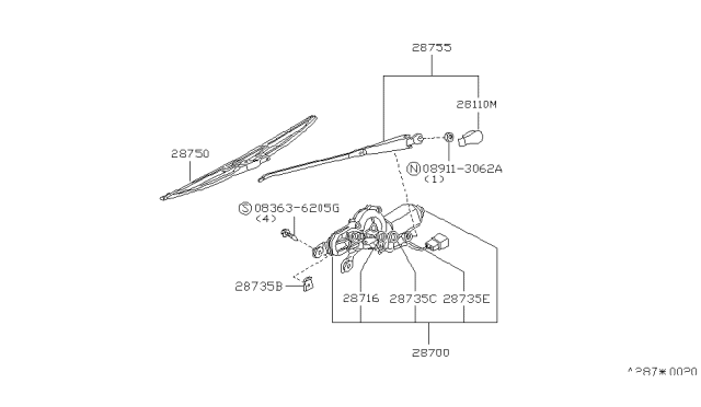 1987 Nissan Stanza  Rear Windshield Wiper Blade Assembly Diagram for 2879029R00