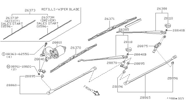 1986 Nissan Stanza  Window Wiper Blade Assembly Diagram for 2889035V10