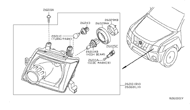 2005 Nissan Pathfinder Passenger Side Headlamp Assembly Diagram for 26010EA525