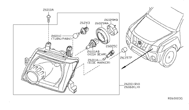 2010 Nissan Pathfinder Passenger Side Headlamp Assembly Diagram for 26010ZS00A