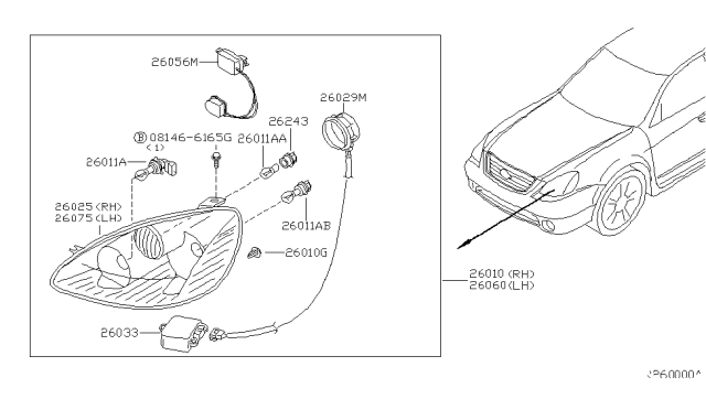 2003 Nissan Altima  Passenger Side Headlight Assembly Diagram for 260103Z625