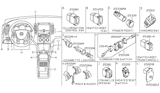 2004 Nissan Altima  Switch Assy-Illumination Lamp Diagram for 259808J000