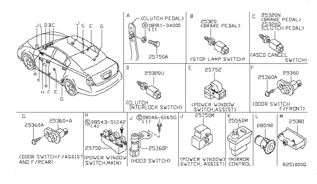 2003 Nissan Altima Switch Assy-Door Diagram for 253604Z010