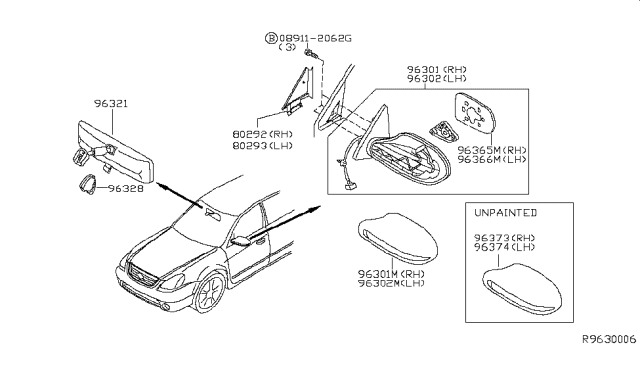 2005 Nissan Altima Mirror Assembly-Outside LH W/O SCULL Cap Diagram for 963023Z020