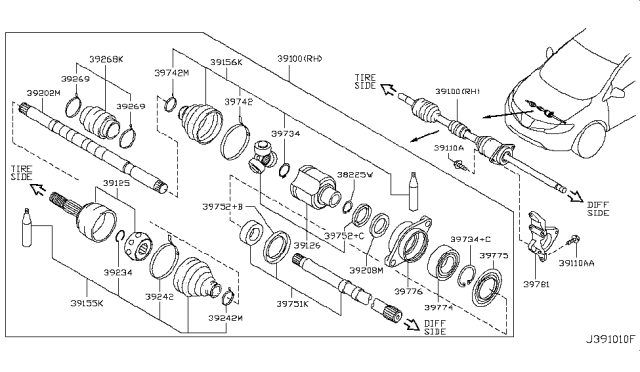 2011 Nissan Murano Shaft Assy-Front Drive Diagram for 391001AA0A