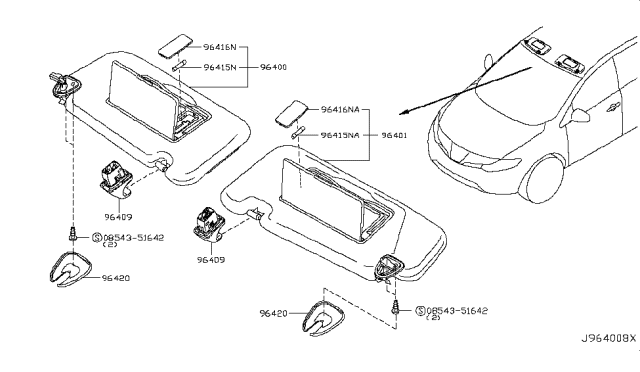 2014 Nissan Murano Passenger Side Sun Visor Assembly Diagram for 964001AA1A