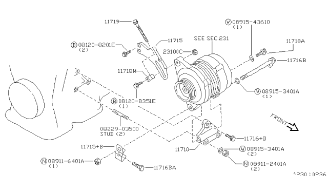 1999 Nissan Sentra  Alternator Bracket Diagram for 119100M300