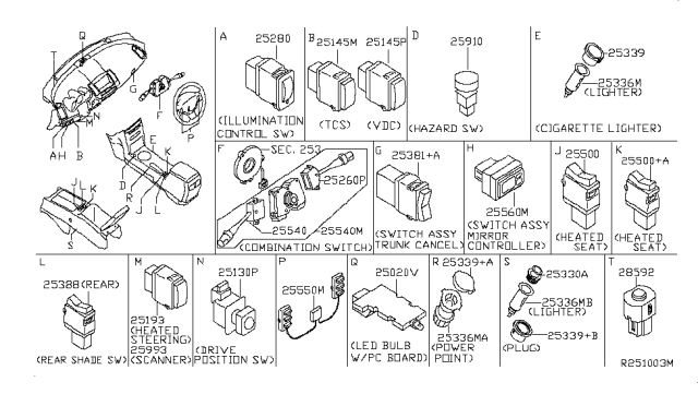 2007 Nissan Maxima  Switch Mirror Control Diagram for 255705Z100
