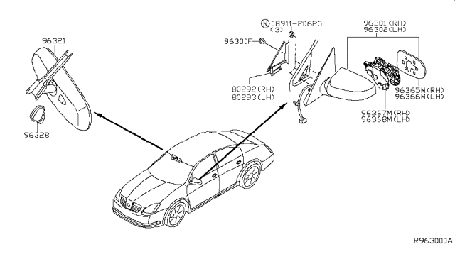 2004 Nissan Maxima Mirror Assembly-Outside LH Power+Memo+Heat Diagram for 963027Y960