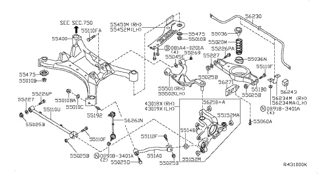 2006 Nissan Maxima  Stay Assy-Rear Suspension Member RH Diagram for 554518J000
