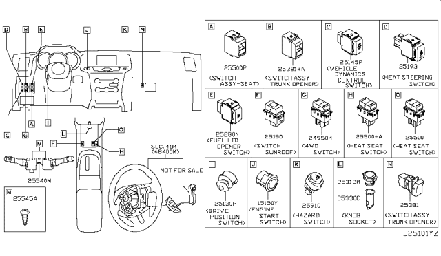 2013 Nissan Murano Switch Assy-Combination Diagram for 255609N00A