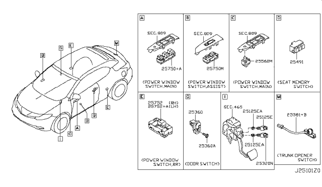 2011 Nissan Murano Switch Assembly-Power Window, Rear Diagram for 254311GR0A
