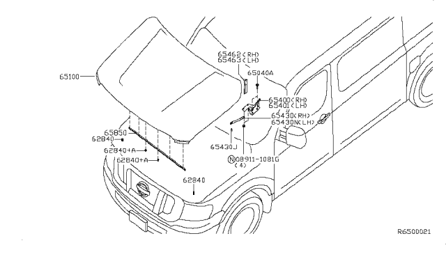 2012 Nissan NV Stay Assembly Hood Diagram for 654701PA0A