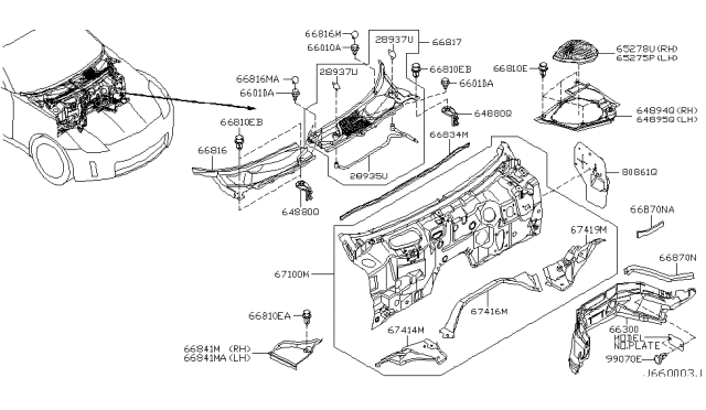 2008 Nissan 350Z  Cover-COWL Top Grille LH Diagram for 66863CD010