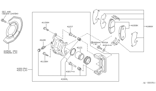 2007 Nissan 350Z CALIPER Assembly-Front RH, W/O Pads Or SHIMS Diagram for 41001AC700