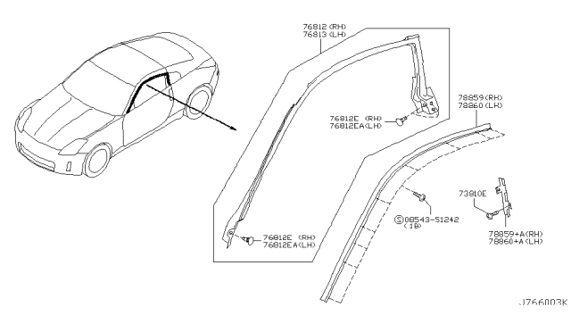 2004 Nissan 350Z Weatherstrip-Body Side, LH Diagram for 76861CD000