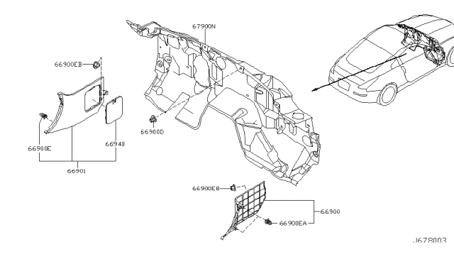 2005 Nissan 350Z Insulator-Dash Lower Diagram for 67900CD000