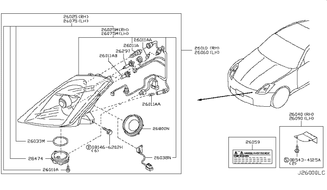 2005 Nissan 350Z  Headlamp Housing Assembly, Passenger Side Diagram for 26025CF40A