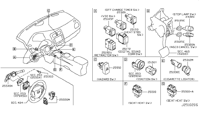 2011 Nissan Leaf  Stop Lamp Switch Assembly Diagram for 253203NA1B