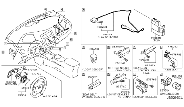 2011 Nissan Leaf Buzzer Assy-Warning, Seat Belt Diagram for 250203NA2A