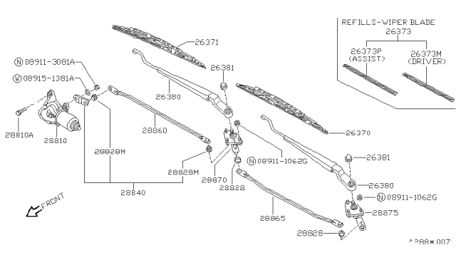 1992 Nissan 240SX Windshield Wiper Blade Assembly Diagram for 2889040F05
