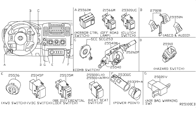 2015 Nissan Xterra  Switch Assy-Combination Diagram for 255609CH2A