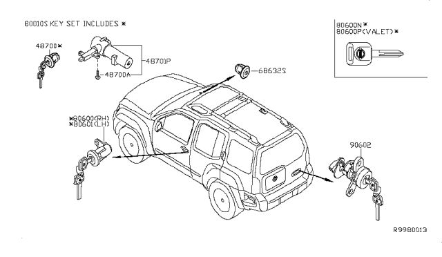 2009 Nissan Xterra  Cylinder Set Glove Box Lid Diagram for 686324P000