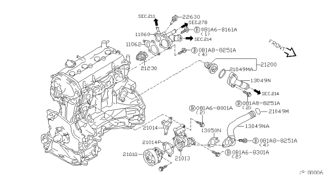 2002 Nissan Sentra Pump Assy-Water Diagram for 210104M525