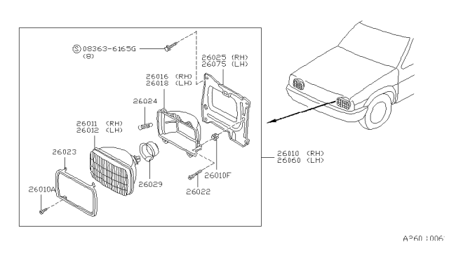 1988 Nissan Hardbody Pickup (D21)  Driver Side Headlight Assembly Diagram for B606041G00