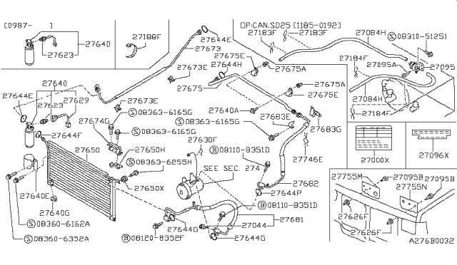 1986 Nissan Hardbody Pickup (D21) Low A/C Hose Diagram for 9248007G80