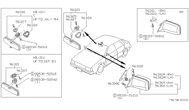 1985 Nissan Pulsar NX  Mirror Inside Diagram for 9632116M00