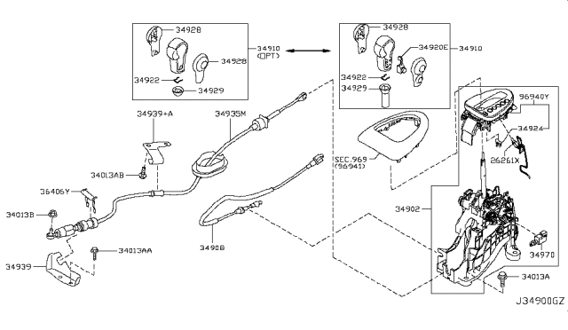 2009 Nissan Rogue  Control Cable Assembly Diagram for 34935JM000