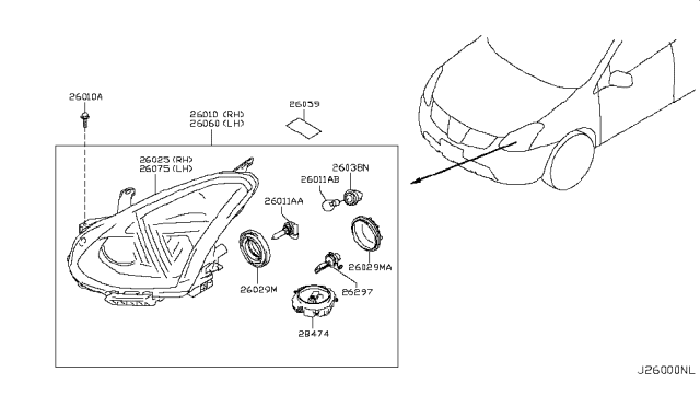 2009 Nissan Rogue Headlamp Housing Assembly, Driver Side Diagram for 26075JM20A
