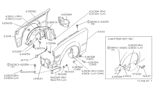 1987 Nissan 300ZX Protector-Front Fender LH Diagram for 6384321P00