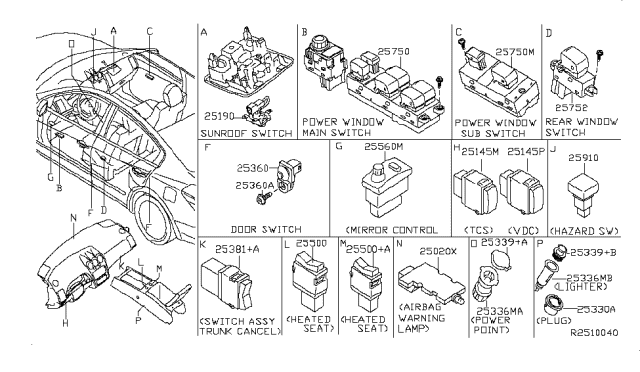 2010 Nissan Altima Switch Assembly-Heat Seat (Driver) Diagram for 255009N00A