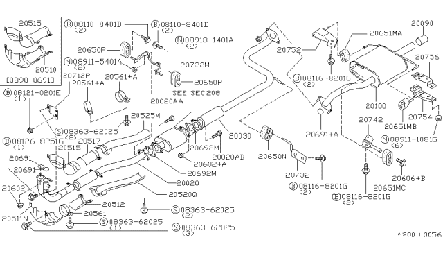1992 Nissan Sentra Gasket-Exhaust Diagram for 2069119B00