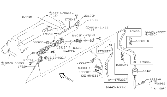 1993 Nissan Sentra  Rubber-Insulator, Injector Diagram for 1663653J00