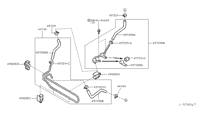 2007 Nissan Murano  Hose - Return, Power Steering Diagram for 497259Y010