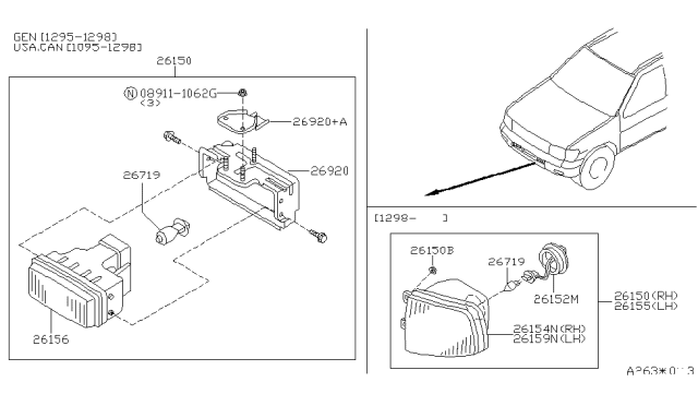 1998 Nissan Pathfinder Lamp Assembly-Fog, LH Diagram for 261552W125