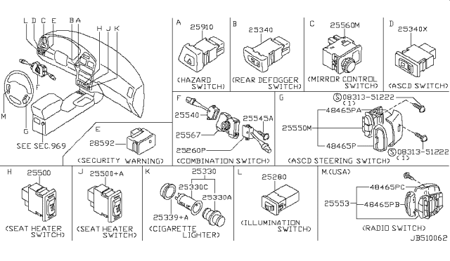 1998 Nissan Pathfinder Combination Switch Body Diagram for 255670W000