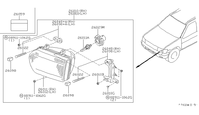 1997 Nissan Pathfinder  Driver Side Headlight Assembly Diagram for 260600W025
