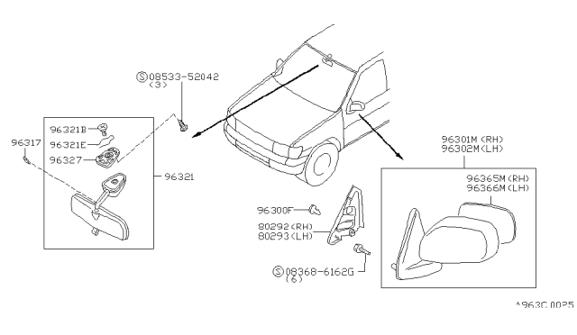 1998 Nissan Pathfinder  Glass-Mirror, L Diagram for 963660W915
