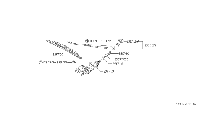 1989 Nissan Stanza Cover Arm Set Diagram for 2878255A00